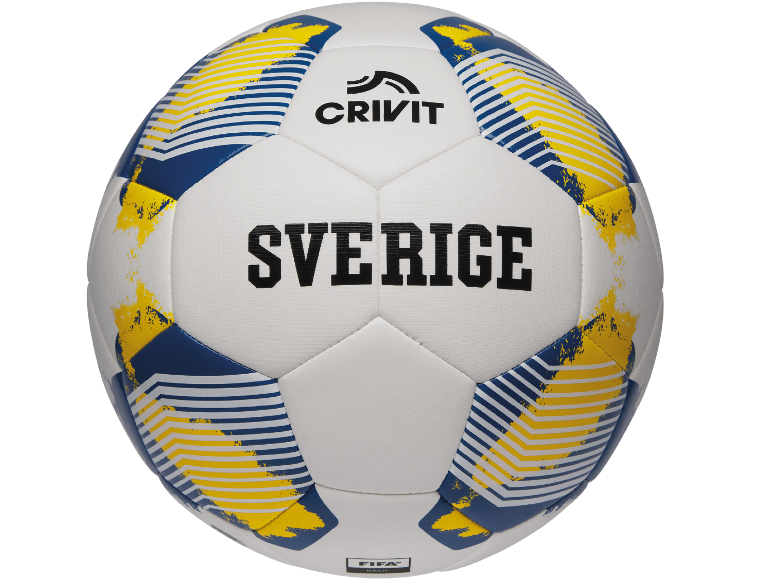 Vit fotboll med blå och gula mönster, med texten 'SVERIGE'.