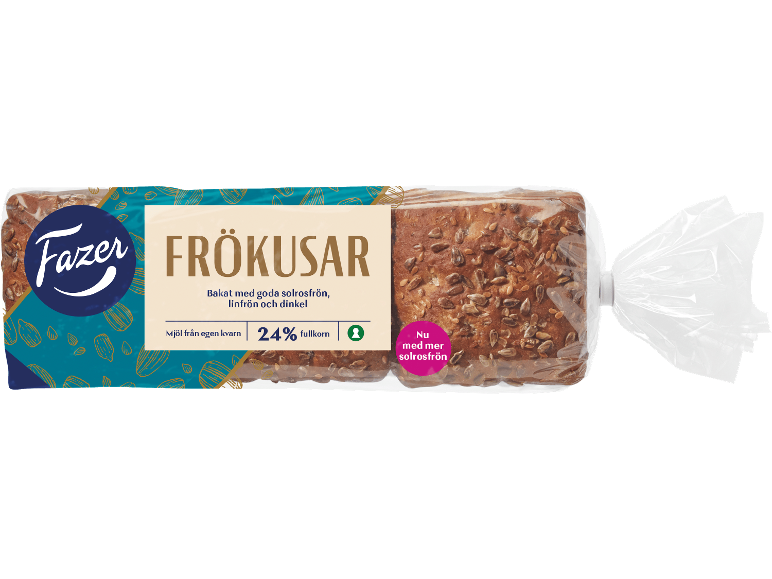 Förpackat fröbröd av märket Fazer, med 24% fullkorn och mer solrosfrön.