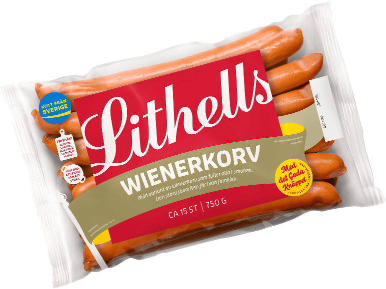 Wienerkorv i transparent förpackning med röd och guldetikett.