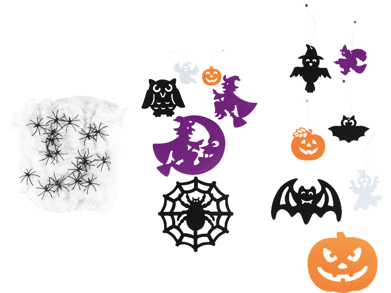 LIVARNO home halloween-dekorationer med spindelnät, spindlar och hängande filtfigurer