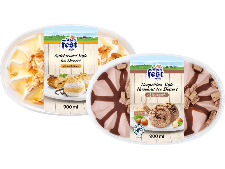 Två glassdesserter: Apfelstrudel-stil med vaniljsås och Neapolitansk hasselnöt.