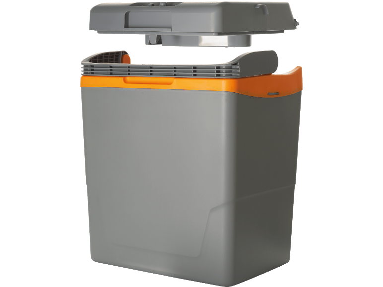 Grå och orange kylbox med locket lätt på glänt.