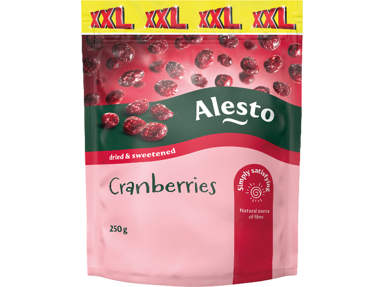 XXL torkade och sötade tranbär, 250g, naturlig källa till fibrer.