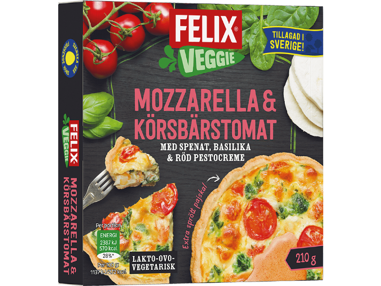 Mozzarella- och körsbärstomatpaj med spenat, basilika och röd pestocreme.