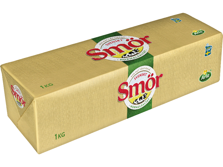 1 kg paket normalsaltat smör med svensk text och kvalitetslogotyper.