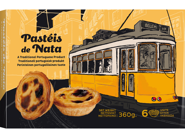 Pastéis de nata-förpackning med illustration av Lissabonspårvagn, 360g, 6 stycken.