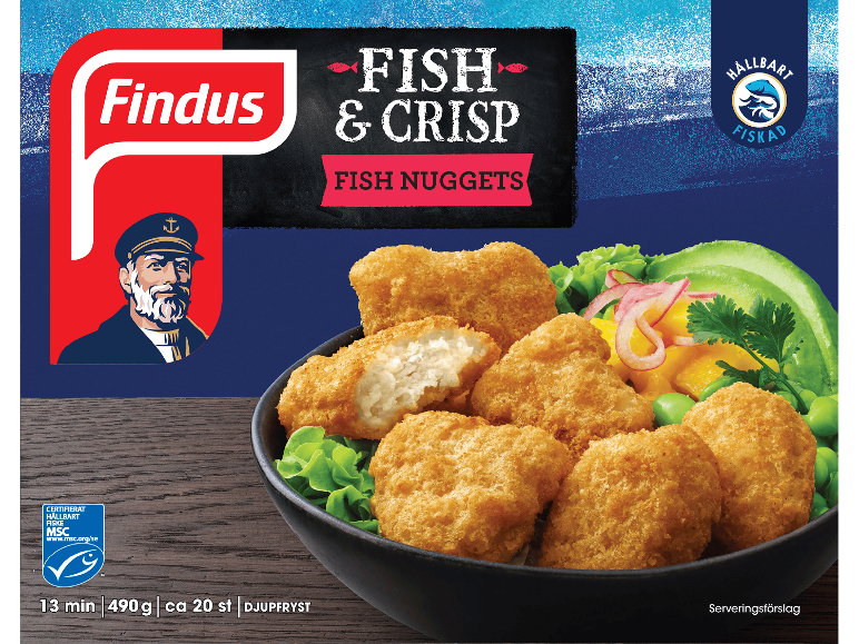 Djupfrysta fisknuggets i frasig panering, förpackning om 490 g.