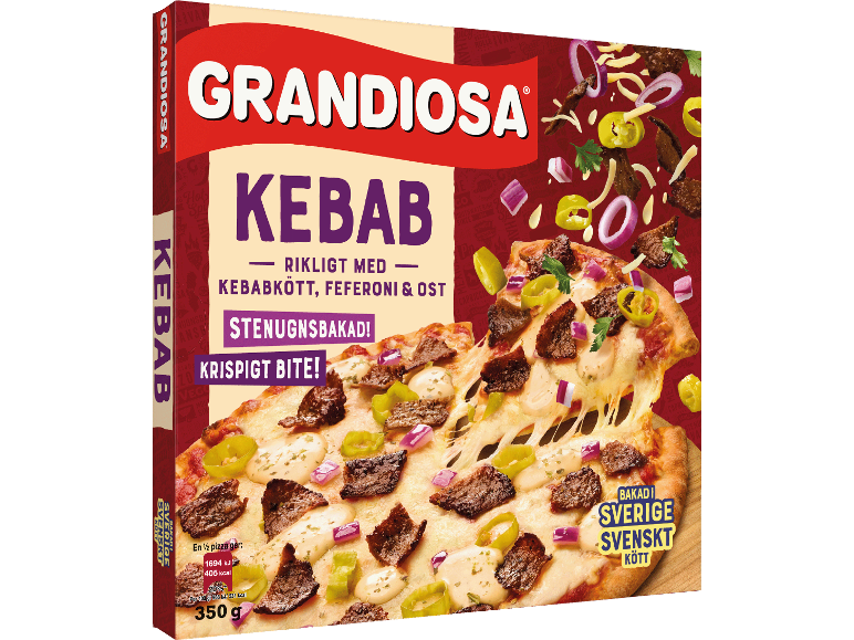 Kebabpizza med kött, feferoni och ost, stenugnsbakad, med svenskt kött.