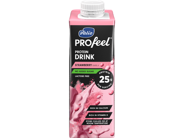 Rosa jordgubbsproteindryck, 25g protein per portion, laktosfri.