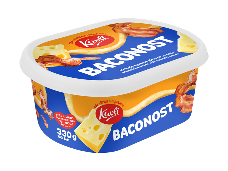 Förpackning mjukost med bacon, 330g, 16% fett.