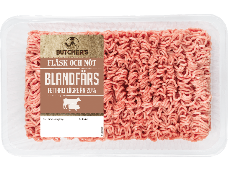 Förpackning med blandfärs av fläsk och nöt, fetthalt lägre än 20%.