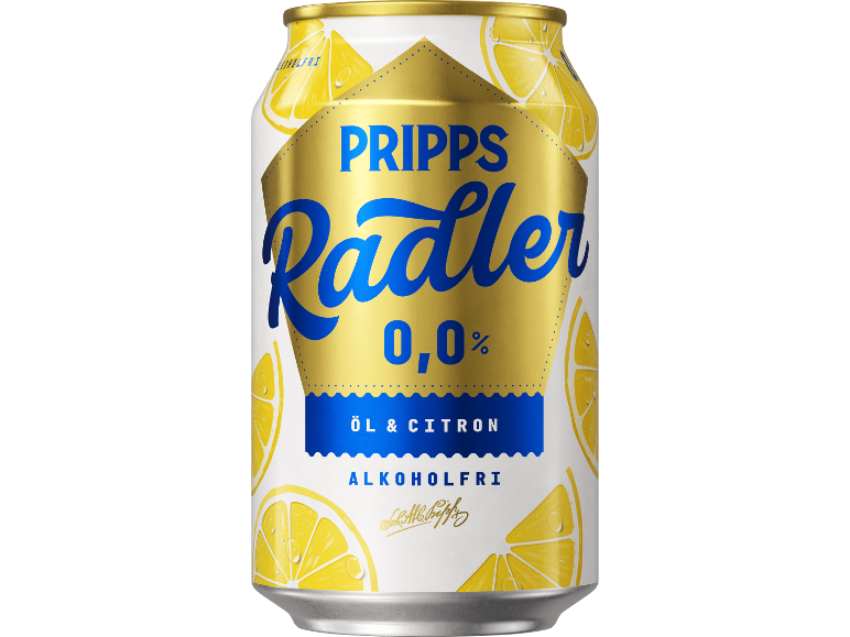 Dryckesburk med citronskivor, texten 'Radler 0,0%' och 'Alkoholfri'.