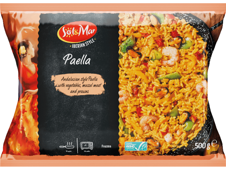 Sol & Mar paella i andalusisk stil med grönsaker, musslor och räkor.