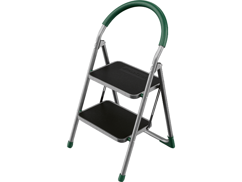Tvåstegsstege med metallram och grönt handtag.