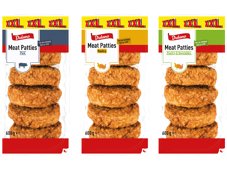 Tre XXL-förpackningar med köttfärsbiffar: fläsk, fågel och fågel med grönsaker.