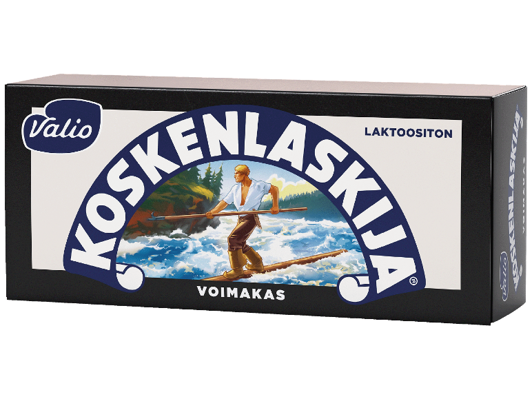 Svart låda med en illustration av en man på en forsande flod, med texten 'LAKTOOSITON VOIMAKAS'.