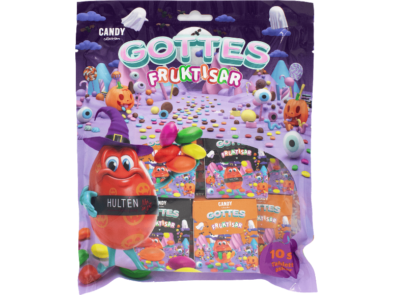 Halloween-tema fruktgodis i små askar.