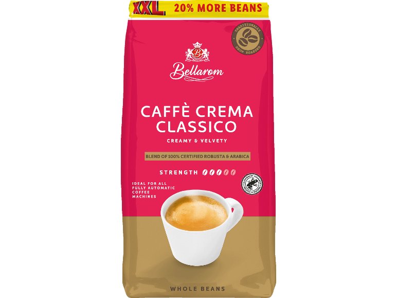 Hela kaffebönor förpackning med texten 'Caffè Crema Classico' och en kopp kaffe.