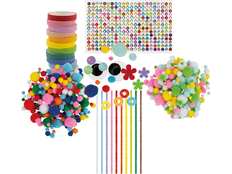 Pysselkit med tejp, pom-poms, rörliga ögon, pärlor och strass.