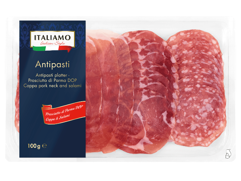Antipasti-tallrik med Prosciutto di Parma, coppa och salami, 100g.