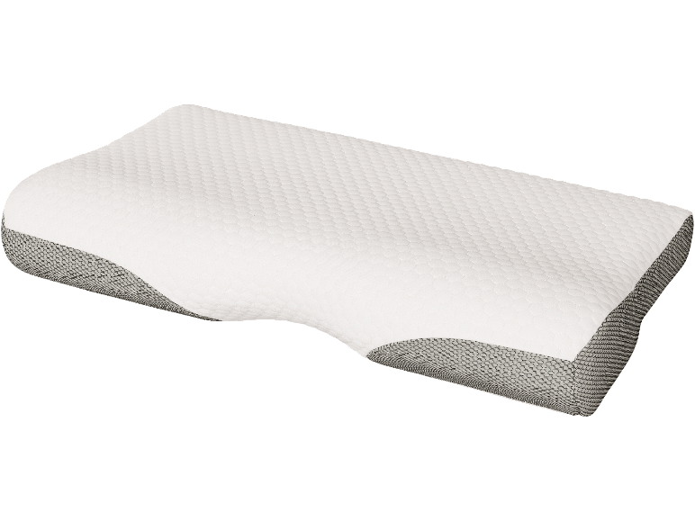 Ergonomisk minneskumkudde med vitt quiltat överdrag och grå nätkant