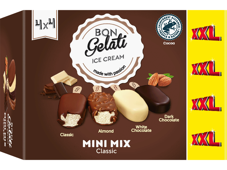 Kartong med blandade mini-glassar (klassisk, mandel, vit choklad, mörk choklad) med 4x4 och XXL-logotyp.