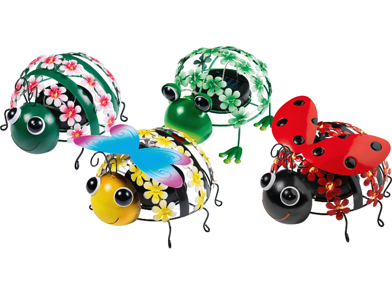 Dekorativa solcellsdrivna trädgårdslampor formade som insekter och en groda med blommor.