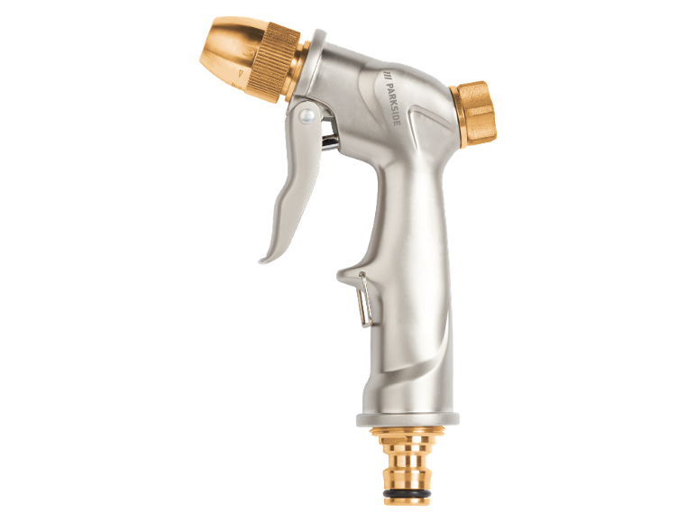 Vattensprutpistol i metall med mässingsmunstycke och anslutning.