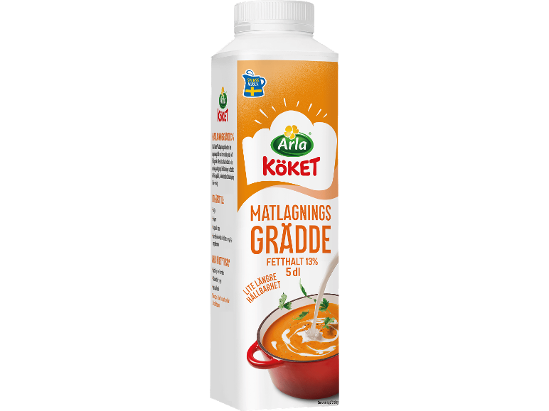 Förpackning med matlagningsgrädde 13% fett, 5 dl, med soppa och grädde.