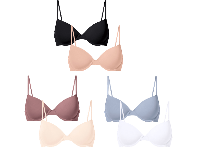 Set med sex behåar i olika färger: svart, nude, rosa, ljusblå, kräm och vit.