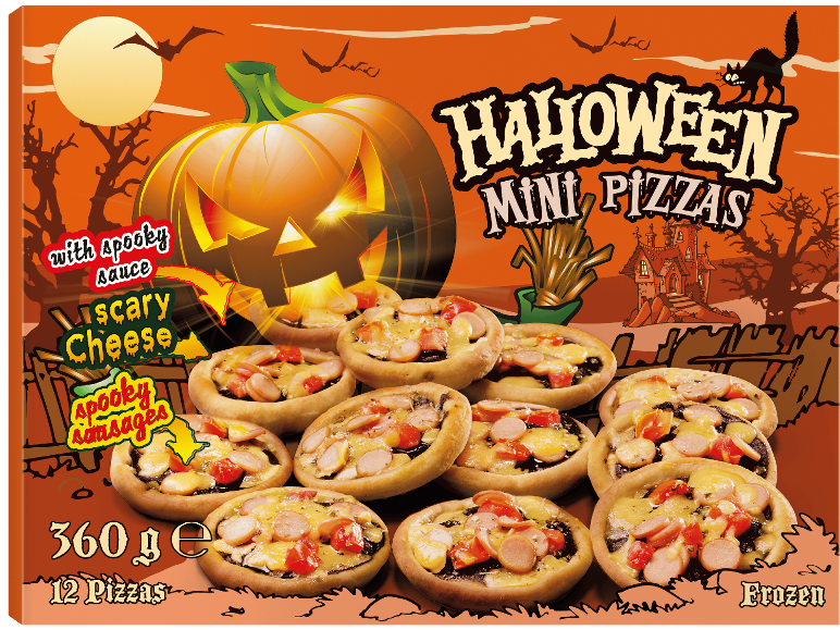 Förpackning för Halloween Mini Pizzas med minipizzor i läskigt tema och en lysande pumpa.