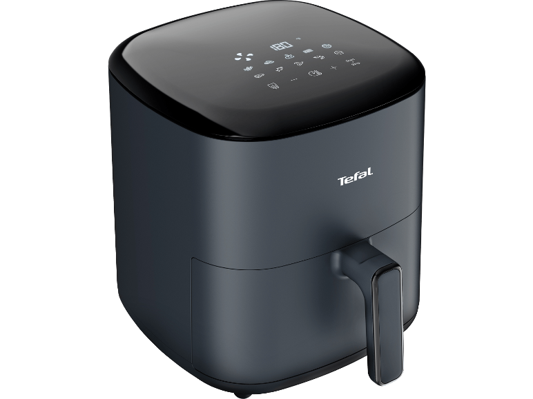 Svart digital airfryer med temperaturdisplay och matikoner.