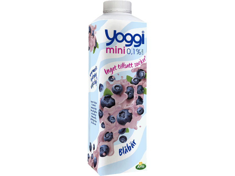 Fettfri blåbärsyoghurt utan tillsatt socker, i vit och blå förpackning.
