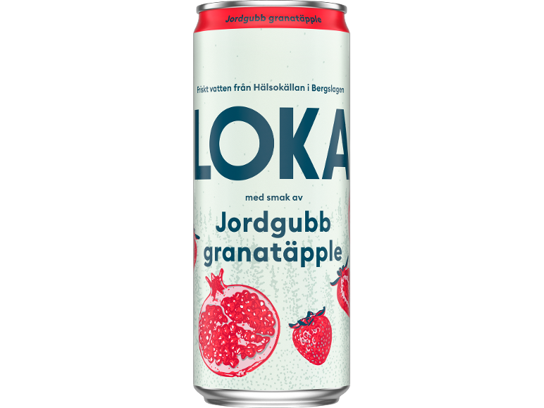 Dryckesburk med jordgubbs- och granatäpplesmak, med text på svenska.