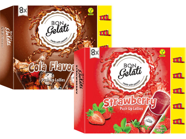 Två lådor veganska push-up-glassar, cola- och jordgubbssmak, 8 stycken per låda.