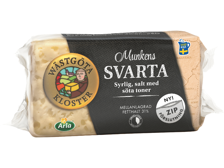 Ostblock med munkillustration, märkt ”Syrlig, salt med söta toner” och ”31% fetthalt”.