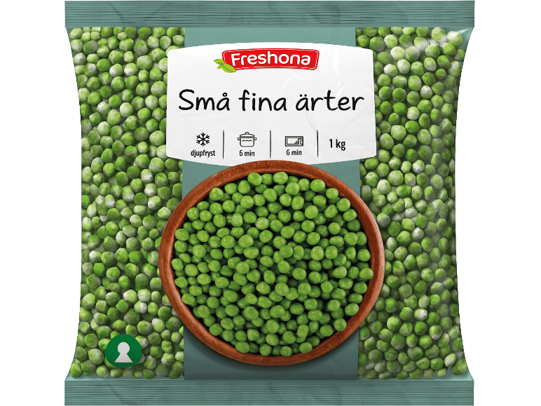 Påse med frysta ärtor med en skål ärtor och texten 'Små fina ärter', 1 kg.