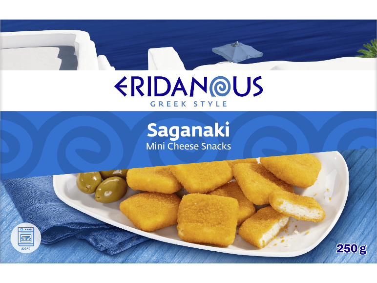 Saganaki miniostsnacks med oliver, förpackning i grekisk stil.