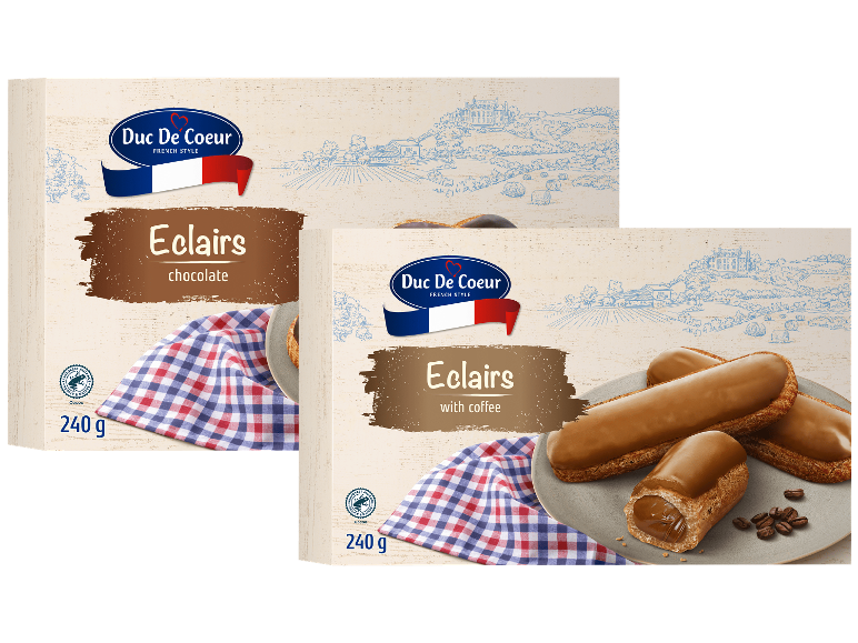 Två förpackningar éclairs: choklad och kaffe, med franskt lantligt tema.