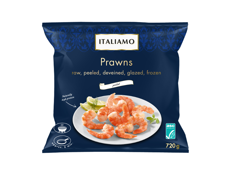 Råa, skalade, rensade, glaserade, frysta räkor, 720 g