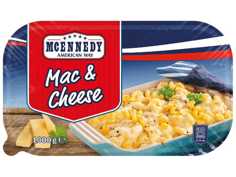 Förpackning med ugnsfärdig mac and cheese, 1000 g.