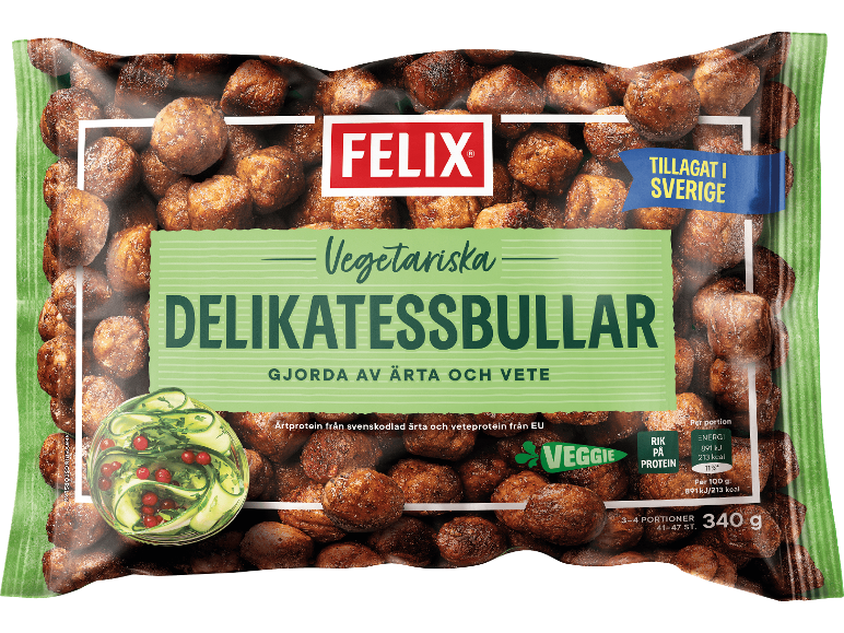Förpackning vegetariska delikatessbullar gjorda av ärta och vete, med serveringsförslag.