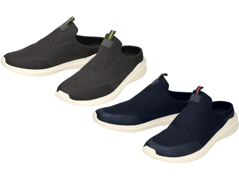 Två par mörkgrå och två par mörkblå slip-on skor för män med ovandel i mesh.