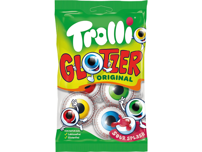 Trolli Glotzer sura geléögon i en grön påse