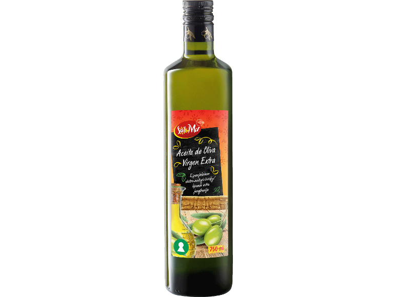 750 ml flaska extra jungfruolivolja med spansk och finsk text.