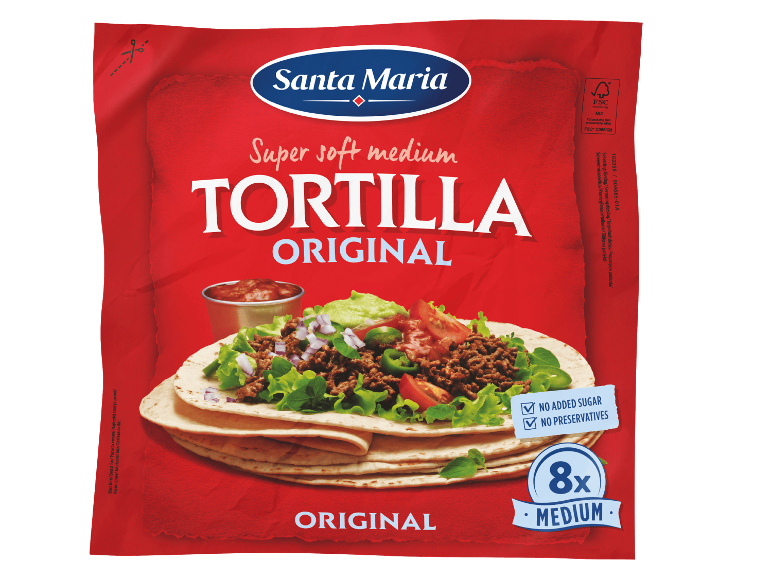 Ett paket med åtta originaltortillas i mellanstorlek utan tillsatt socker eller konserveringsmedel.