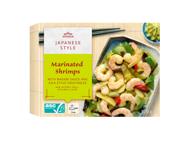 Japanska marinerade räkor med wasabisås och asiatiska grönsaker, 300g frysta
