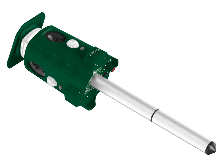 Grön skadedjursavvisare på påle med högtalare och sensorer.