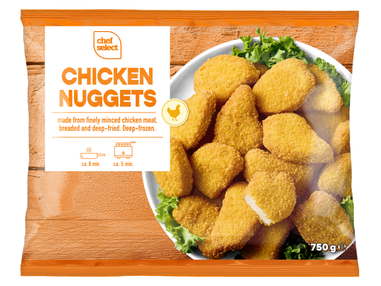 Frysta kycklingnuggets med sallad, tillagningsinstruktioner och 750g vikt.