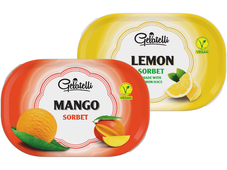 Förpackningar med vegansk sorbet med smak av mango och citron.
